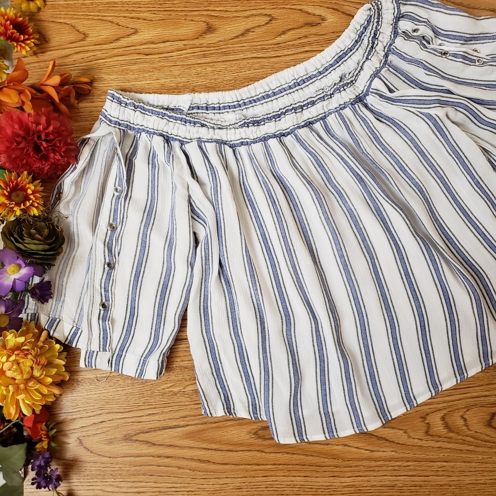 Chocolate White Blue Striped Off the Shoulder Top
